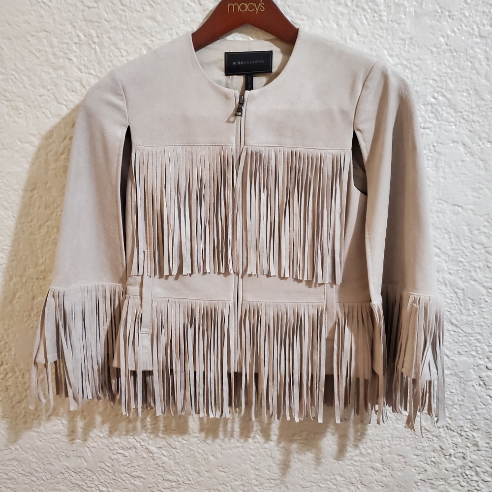 BRAND NEW. Bcbgmaxaria cape crop fringe jacket